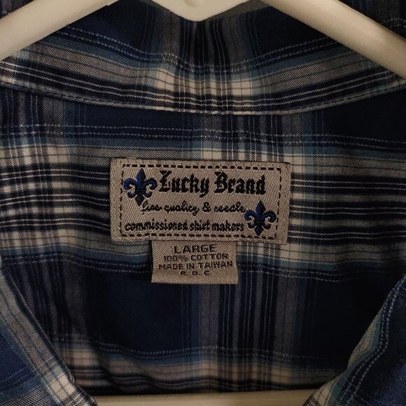 Lucky Brand Men's Large Short Sleeve Button Up Shirt Plaid Blue Gray White - Picture 4 of 8